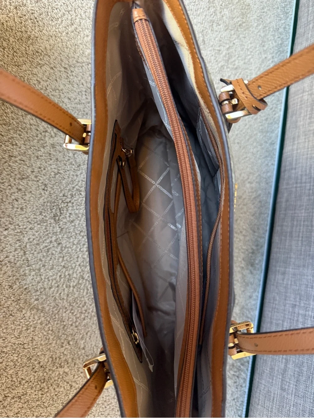 Michael Kors Metallic Gold Champagne Silver Logo Tote with Tan Straps
